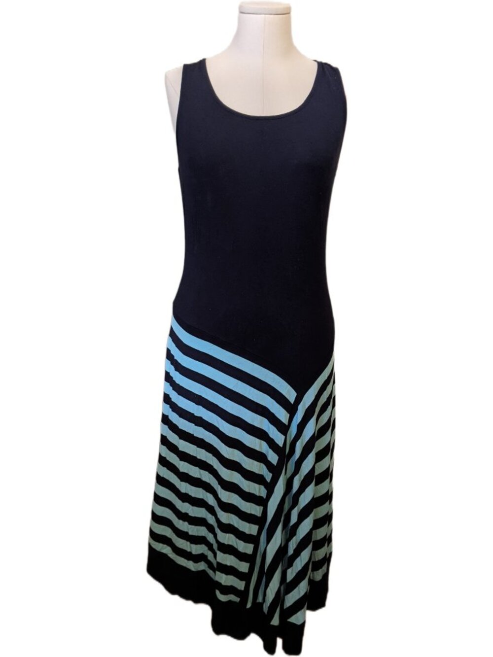 Vintage Sleeveless Midi Dress Blue Striped Asymmetrical Hem Summer Vacay L